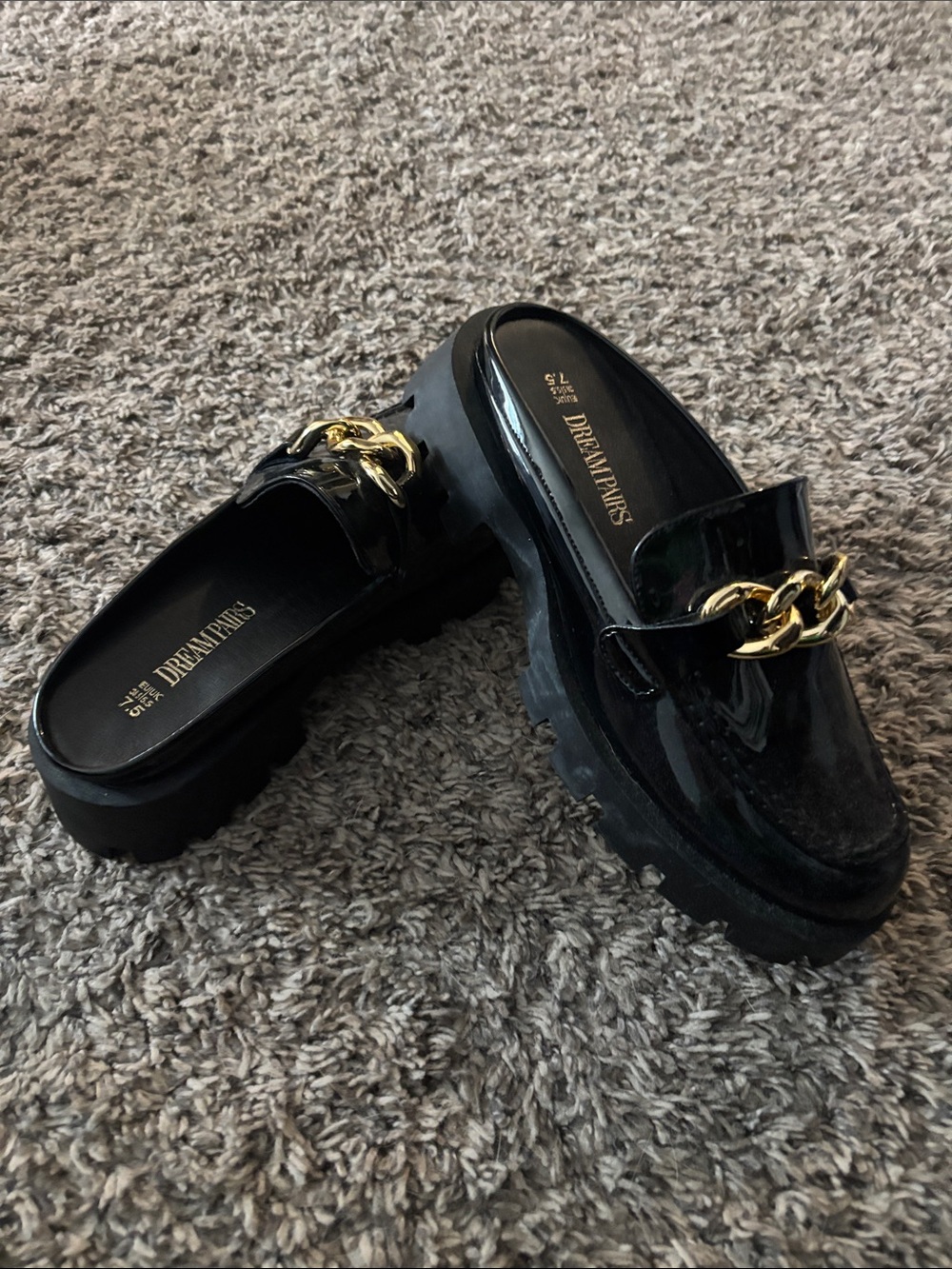Dream Pairs Black Patent Slip-On Mules with Gold Chain